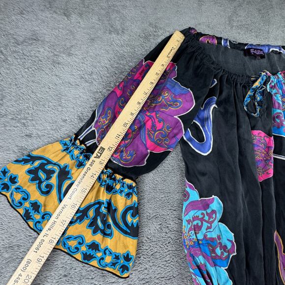 Hale Bob Silk Boho Dress XS Black Aqua Paisley Floral Bell Sleeve Off Shoulder - Picture 7 of 8